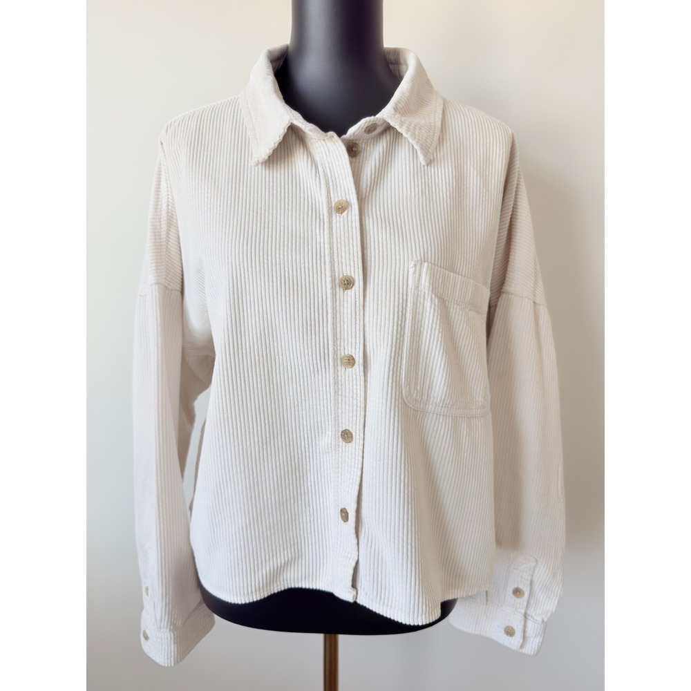 American Eagle Womens Cream Cropped Corduroy Button Down Shirt Large Off White